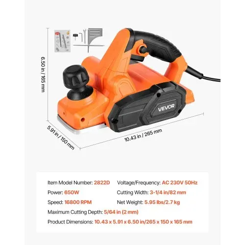 VEVOR Elektrohobel, 82 mm Schnittbreite, 650 W, 16800 U/min, Handhobel für Holz, mit einstellbarer Schnitttiefe, 2 Klingen, für Holzbearbeitung, Holzfasen, Heimwerkerarbeiten, Hobelmaschine – Bild 6