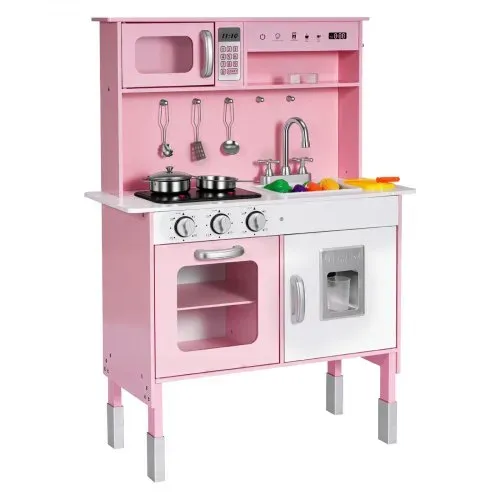 VEVOR Spielküche für Kinder, Kinderküche aus Holz mit Licht & Sound, Holzküche mit Herd Backofen Spüle Mikrowelle Eisspender & Getränkespender, Küchenspielzeug mit Kochset für Kinder ab 3 Jahren, Rosa – Bild 9