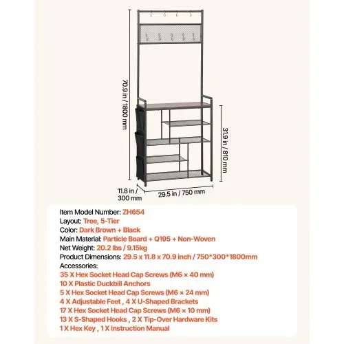 VEVOR Multifunktionale Flurgarderobe (75 x 30 x 180 cm) mit Schuhablage & Haken, Garderobenständer mit Seitentasche, Garderobe mit Stahlrahmen Geeignet für Eingangsbereich Schlafzimmer Schwarz – Bild 6