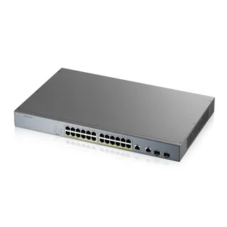Zyxel Switch smart managed Layer2 26 Port • 24x 1 GbE • PoE Budget 375 Watt • 24x PoE at • 2x 1 Gb Combo • 19″ • GS1350-26HP Zyxel Switch smart managed Layer2 26 Port • 24x 1 GbE • PoE Budget 375 Watt • 24x PoE at • 2x 1 Gb Combo • 19″ • GS1350-26HP