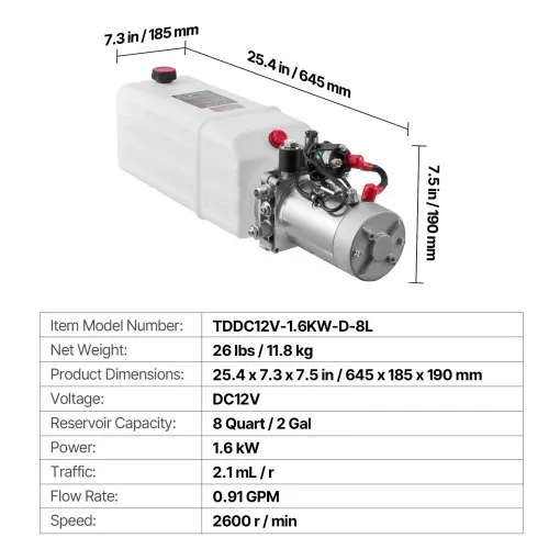 VEVOR 8 Qt Hydraulikaggregat einfachwirkende Kippanhängerpumpe, maximaler Öffnungsdruck 22 MPa und Fördermenge 3,4 L/min, 12 V DC Hydraulikpumpe mit Metallbehälter für Kippanhänger Weiß – Bild 6