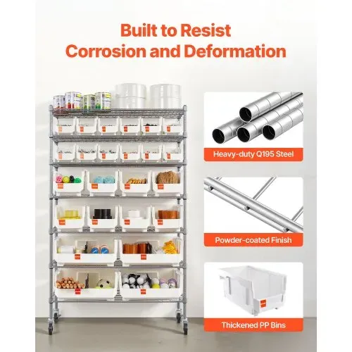 VEVOR Standregal, Lagerregal mit 7 Ebenen & 24 Stapelboxen, Bücherregal, Küchenregal mit Rollen, Werkzeugaufbewahrung für Garage, Lager, Büro, Restaurant, Klassenzimmer, Küche, 355x900x1480 mm – Bild 5