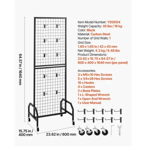 VEVOR Gitterwandpaneele Gitterwand 60 x 164 cm 1 Stk. rollbarer Präsentationsständer mit 10 Haken, Präsentationsregale aus Karbonstahl, Kunstausstellungsregal für Dekoration Lagerung Schwarz – Bild 6