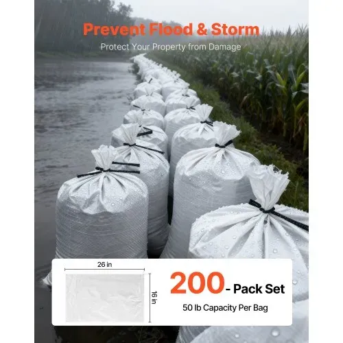 VEVOR Sandsäcke für Hochwasser, 200er-Pack, 400x660 mm, Gewebesäcke mit Bändern, 22,6 kg Tragkraft, Polypropylen-Hochwasssersandsäcke, reißfest & UV-beständig, für Hochwasserschutzbarrieren – Bild 2