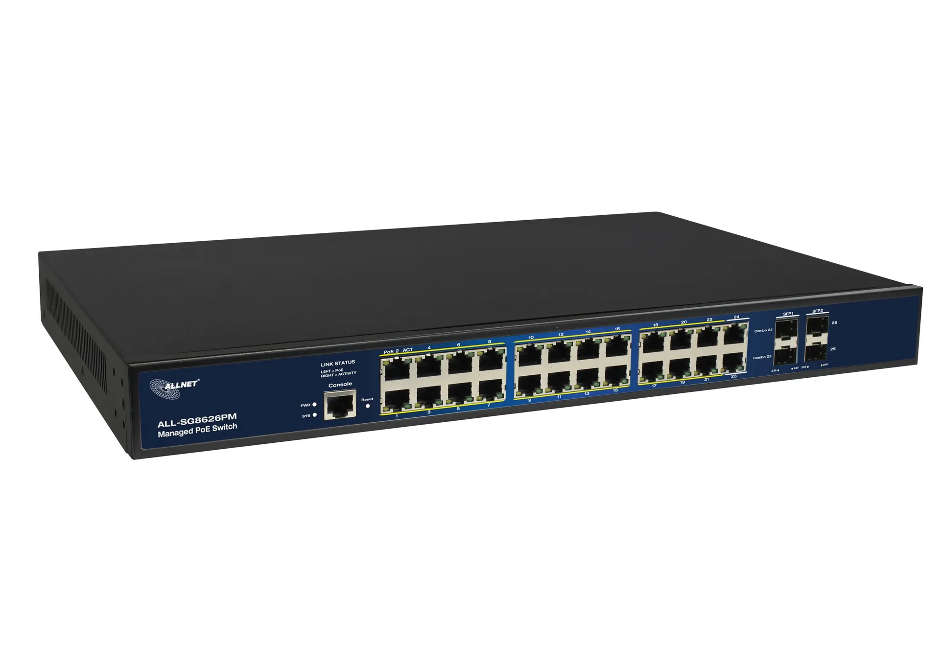 ALLNET Switch full managed 24 Port Gigabit 390W / 24x PoE+ / 4x SFP / Lüfterlos / 19" / "ALL-SG8626PM" – Bild 2
