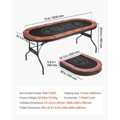 VEVOR klappbarer Pokertisch für 8 Spieler (183 cm) Kasino-Freizeittisch mit gepolsterten Schienen & Getränkehaltern, ovale tragbare Spieltische mit Filz- und Metallbeinen, Texas Hold’em Poker – Bild 6