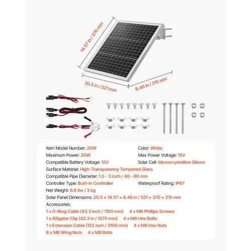 VEVOR Solarpanel-Batterieladegerät 20W 12V, Monokristallines Solarpanel Kit mit Schutz-Controller & 0-60° Verstellbarer Masthalterung, Solarladegerät für 40-80mm Masten, Solarmodule für Außengebrauch – Bild 6