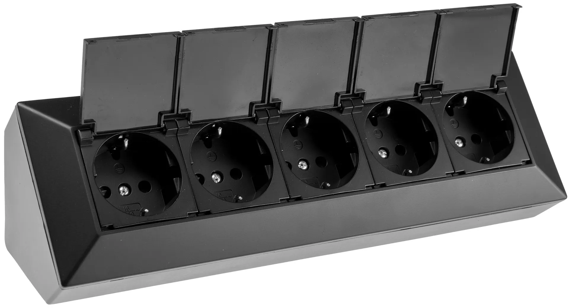 5-fach Steckdosenblock, schwarz 250V~/ 16A, Aufbaumontage mit Klappen 5-fach Steckdosenblock, schwarz 250V~/ 16A, Aufbaumontage mit Klappen
