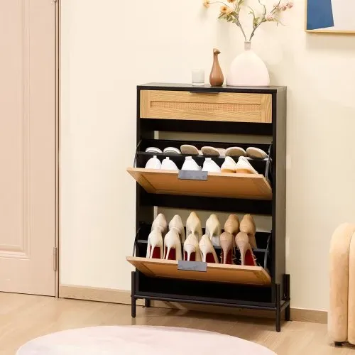 VEVOR Schuhschrank Schuhkommode aus Rattan mit 2 Klappschubladen & 1 Ausziehschublade, Metallbeine, schmaler Schuhschrank ideal für Eingangsbereich Diele Schrank Flur Schuhkipper Schwarz – Bild 7