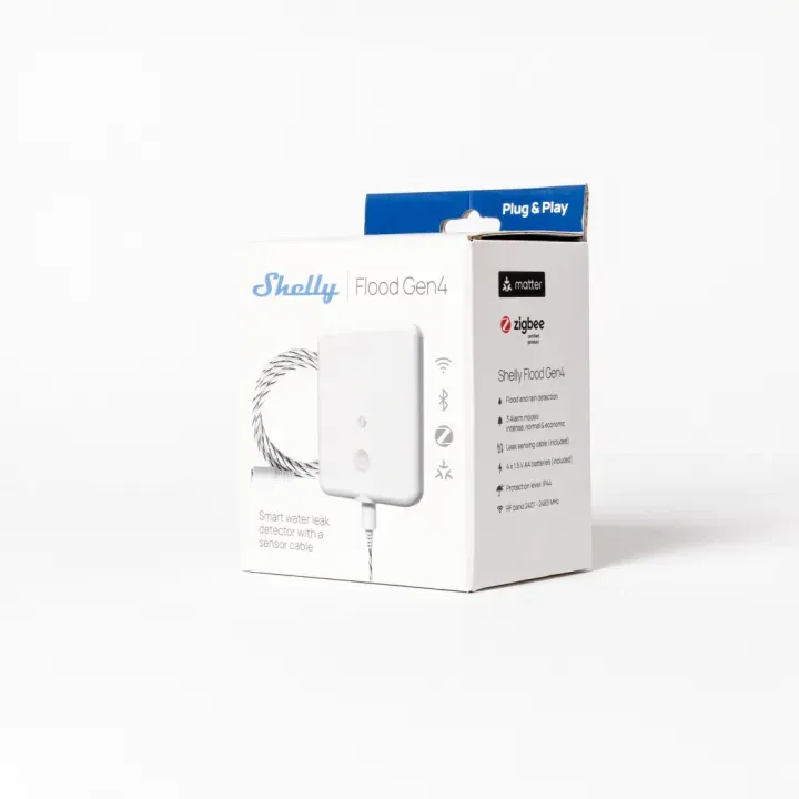 Shelly · Plug & Play · "Flood Gen4" · Wasserleckage- & Regensensor · WLAN · Matter · Zigbee · Bluetooth · Batterie (enthalten) – Bild 7