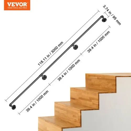 VEVOR 3x Retro Wasserrohr Handlauf 3m Handlauf Rustikal Kohlenstoffstahl 4x Wandhalterungen Industrieller Geländer Schutzbügel 200kg Tragfähigkeit Geeignet für Handläufe im Innen-/Außenbereich – Bild 6
