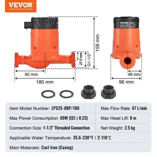 VEVOR Warmwasser-umwälzpumpe, Energieeffizient, Hocheffiziente Heizungspumpe, Ecm-permanentmagnetmotor, 220V, 60W, 67L/min Max. Durchflussrate, 8M Max. Förderhöhe, 3,81 cm Gewindeanschluss, 5 Intelligente Steuerungsmodi, Geräuscharm – Bild 6