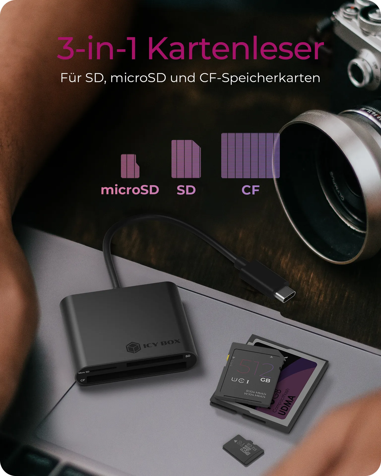 ICY BOX IB-CR301-C3 Externer Multi Card Reader (CF, SD, microSD) mit USB 3.2 Gen 1 Type-C® Hostanschluss – Bild 2