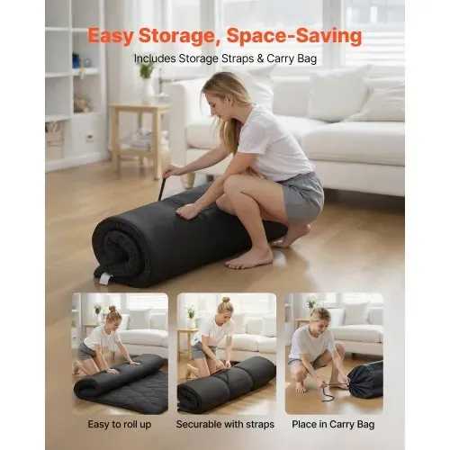 VEVOR japanische Futon-Matratze (2032 x 1524 x 89 mm), faltbare Tatami (Queen Size), Bodenmatratze mit Aufbewahrungstasche & Befestigungsmaterial, 9-lagige Schlafmatte für Meditation Yoga, Schwarz – Bild 5