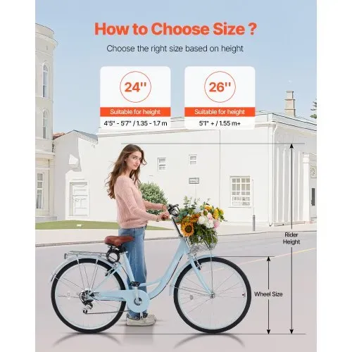 VEVOR Cruiser Fahrrad mit 7 Gängen (Reifendurchmesser 660,4 mm)Beach Fahrrad mit großem Korb & Gepäckträger, Cruiser-Fahrrad mit verstellbarem Sitz, für Radfahren & Trainieren & Einkaufen Blau – Bild 2