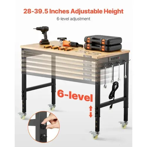 VEVOR Werkbank 1220x610x711-1003mm, 907 Tragkraft, Werkbank mit Steckdose, Rädern und Stecktafel, robuster Arbeitstisch mit Eichenholzplatte für Garage, Werkstatt, Büro und Zuhause – Bild 2