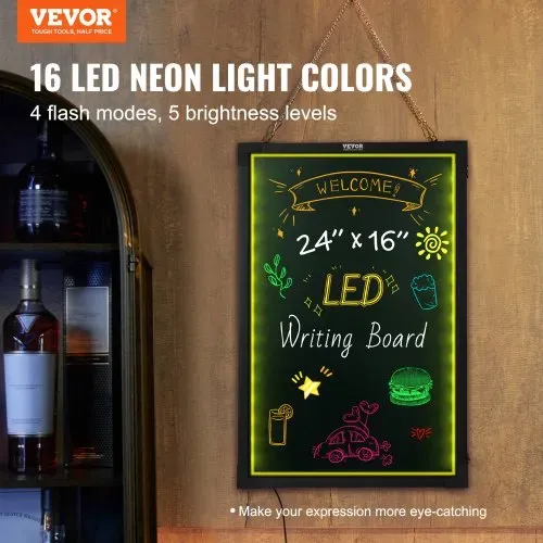 VEVOR LED-Nachrichtenschreibtafel, 24 x 16 Zoll große, beleuchtete, löschbare Kreidetafel, Menüschild mit Neoneffekt, Zeichentafel mit 8 fluoreszierenden Kreidemarkern und Fernbedienung, getestet nach UL-Standards VEVOR LED-Nachrichtenschreibtafel, 24 x 16 Zoll große, beleuchtete, löschbare Kreidetafel, Menüschild mit Neoneffekt, Zeichentafel mit 8 fluoreszierenden Kreidemarkern und Fernbedienung, getestet nach UL-Standards