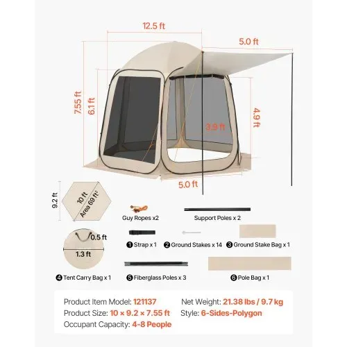 VEVOR Campingzelt, 304,8 x 280,4 cm, Pop-up-Zelt mit ausziehbarer Markise, tragbares Partyzelt für 4–8 Personen mit Tragetasche und Seitenwänden, für Terrasse und Outdoor-Aktivitäten, Beige – Bild 6