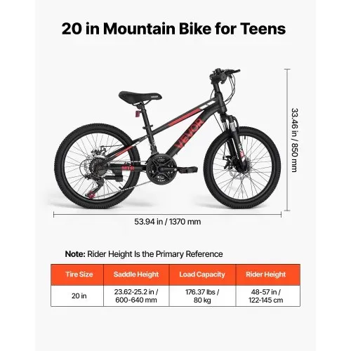 VEVOR Mountainbike 20 Zoll 21-Gang Fahrrad aus Kohlenstoffstahl Schwarz für Freizeitfahrten & Leichte Offroad-Touren, 80 kg Tragkraft, Klingel, Reflektoren und Lichthalterung für Gute Sichtbarkeit – Bild 6