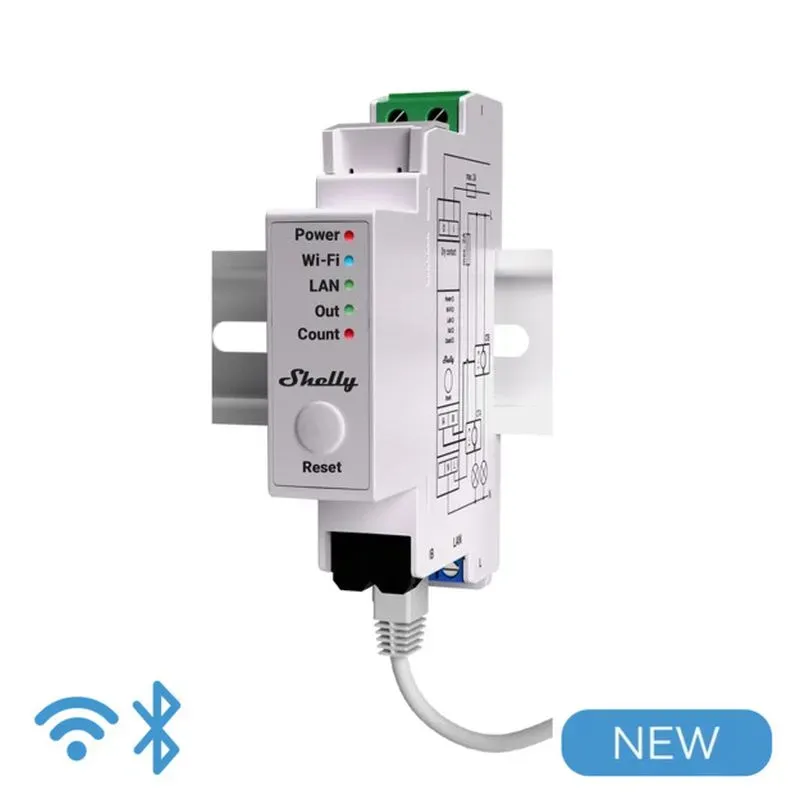 Shelly · Hutschiene · „Pro EM 50A“ · Stromzähler · inkl. 2x 50A Klemmen · Messfunktion · WLAN · LAN · BT Shelly · Hutschiene · „Pro EM 50A“ · Stromzähler · inkl. 2x 50A Klemmen · Messfunktion · WLAN · LAN · BT