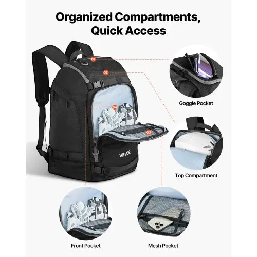 VEVOR Skitasche, 55 L, Reiserucksack für Snowboardstiefel, Skischuhtasche aus strapazierfähigem 1680D Oxford, Skisack für Ski, Snowboard, Helm, Schutzbrille, Handschuhe, Zubehör (schwarz) – Bild 2