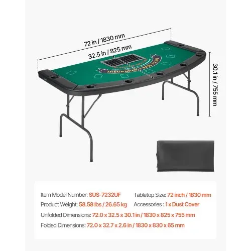 VEVOR klappbarer Pokertisch für 7 Spieler (183 cm) Kasino-Freizeittisch mit gepolsterten Schienen & Getränkehaltern, Halbovale tragbare Spieltische mit Filz- und Metallbeinen, Texas Hold’em Poker – Bild 6