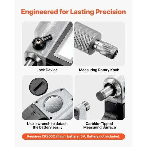 VEVOR Mikrometer, Digitale Bügelmessschraube, Messbereich 0–25,4 mm, Auflösung 0,001 mm, Höchste Präzision 0,003 mm Genauigkeit, LCD-Display, Zoll/mm-Umschaltung, Hartmetallspitze, mit Koffer – Bild 4