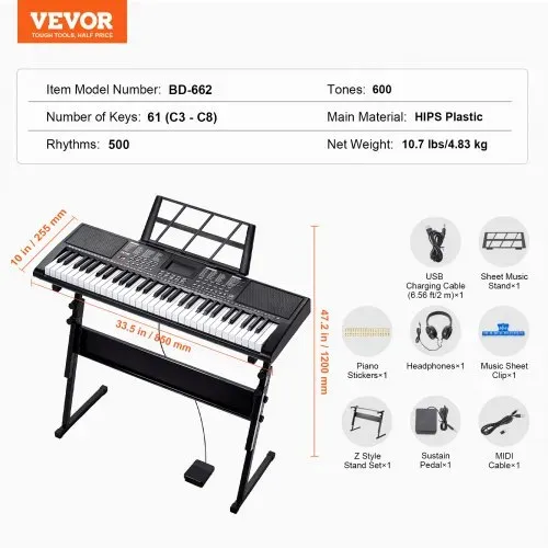 VEVOR 61-Tasten-Digitalklavier, beleuchtete Tasten, tragbares elektrisches Klavier mit verstellbarem Ständer, 600 Töne, 500 Rhythmen, integrierte Lautsprecher, Sustain-Pedal, Kopfhörer, Mikrofon, USB-MIDI für Anfänger – Bild 6