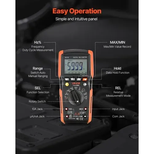 VEVOR Digitalmultimeter, 6000-Count TRMS DC/AC-Voltmeter-Stromtester, automatischer Bereichswahl für Strom, Spannung, Widerstand, Kapazität, Temperatur, Dioden, Durchgang, niedrige Impedanzmessung – Bild 5