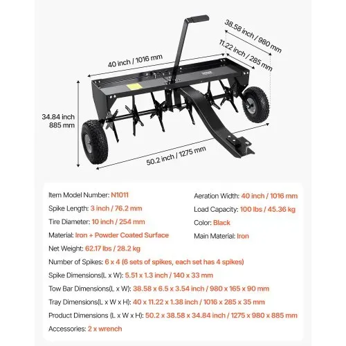 VEVOR Aerifizierer 1275x980x885 mm, Rasenbelüfter mit Universalkupplung, Anhängebelüfter mit Eisenspikes, Aufsitzmäher zum Hinterherziehen für Gärten, Rasenflächen, Bauernhöfe – Bild 6