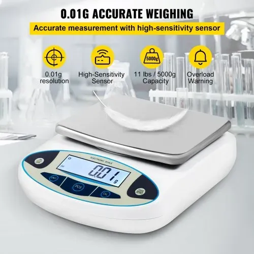 VEVOR Präzisionswaage 5000g 0.01g Hochpräzise Digitale Elektronische Waage Labor-Analysewaagen Laborwaage Schulwaage Schmuckwaage Feinwaage digital Milligramm Waage Digitalwaage Kalibriergewicht – Bild 2