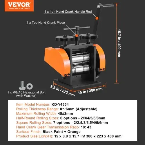 VEVOR 3 in 1 Handwalzwerk Maschine 45 mm Kombinationswalzwerk, Manueller Walzwerk Schmuckwalzwerk Einstellbare Dicke von 0 bis 6 mm, Handwalzwerk Maschine für Platin / K-Gold / Messing / Aluminium – Bild 6