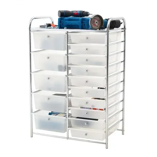 VEVOR Rollwagen mit 15 Schubladen Rollcontainer Doppelreihe 635x390x965mm, Metallgestell, Ablagefläche, Handgriffe, Lenkrolle mit 2 Bremsen, Mobiler Aufbewahrungswagen für Büro Werkstatt Bastelzimmer – Bild 9
