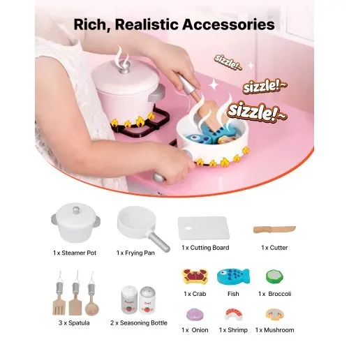 VEVOR Spielküche für Kinder, Kinderküche aus Holz mit Licht & Sound, Holzküche mit Herd Backofen Spüle Mikrowelle Dunstabzug & Geschirrspüler, Küchenspielzeug mit Kochset für Kinder ab 3 Jahren, Rosa – Bild 4