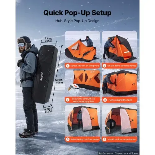 VEVOR Eisangelzelt Eisfischerzelt für 8-10 Personen 4,11x2,3x2,3 m Isoliert, fürs Winterangeln, 10,7 m² Fläche, 600D 4-Lagiges Gewebe, Tragbares Eisschutzzelt im Hub-Stil mit Ankern, Seilen, Tragetasche – Bild 4