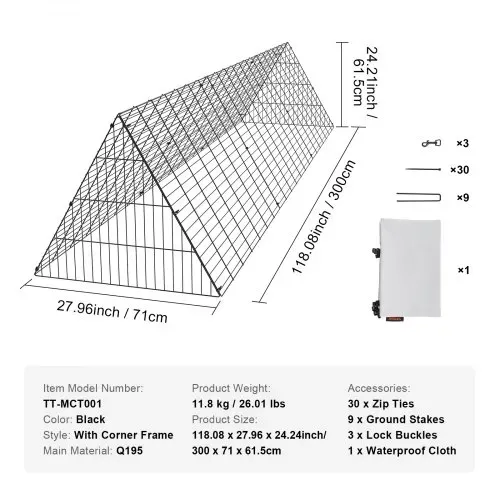 VEVOR Hühnertunnel, 300 x 71 x 61,5 cm Hühnerkäfig für den Hof, tragbare Hühnertunnel für den Außenbereich, einfache Installation, Hühnerstall-Auslauf, geeignet für Hühner, Enten, Kaninchen – Bild 6