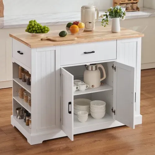 VEVOR Kücheninselwagen, 117 cm Frühstücksbar mit Holzplatte und Lagerschrank, Bauernküchentisch mit verstellbarem Regal, Schublade, für Esszimmer, Küche und Wohnzimmer, weiß – Bild 7