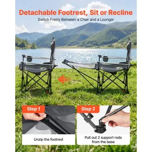 VEVOR Campingstuhl faltbar, Liegestuhl mit 4 verstellbaren Positionen, Relaxsessel Liege mit Getränkehalter, Netz-Strandstuhl mit Kopfstütze & Fußstütze, trägt 100 kg , für Outdoor Camping, grau – Bild 3