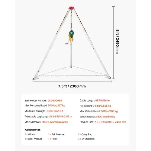 VEVOR Dreibein-Set für beengte Räume, Rettungsdreibein mit Hebevorrichtung, 1179 kg Winde, Rettungssystem, 30 m Kabel, Rettungsstativ mit Absturzsicherung, 1,6–2,45 m Arbeitshöhe – Bild 6