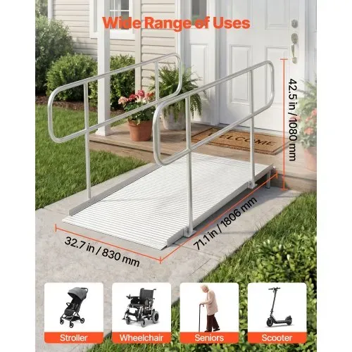 VEVOR Rollstuhlrampe mit Handläufen, 1806x830x1080 mm Schwellenrampe mit Max. 453,6 kg Tragkraft, Rutschfeste Auffahrschiene aus Alu, Tragbare Auffahrrampe für Scooter Türschwelle Bordsteine Treppen – Bild 5
