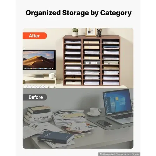 VEVOR Dokumentenablage Holz Schreibtisch Organizer mit 27 Fächern Braun, Ablagefach für Standard-A4-Dokumente Akten & Papiere, mit Verstellbaren Einlegböden für Büro, Zuhause & Klassenzimmer, MDF – Bild 2