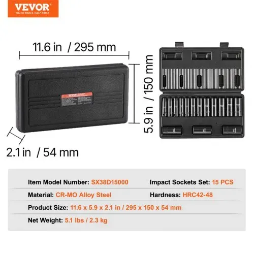 VEVOR Steckschlüsselsatz Schlagsteckschlüsselsatz 3/8 Zoll, 15-teiliger tiefer Steckschlüsselsatz metrisch 8-22 mm, 6-Punkt-Cr-Mo-Legierungsstahl für Autoreparaturen, inkl. Werkzeugkoffer – Bild 6