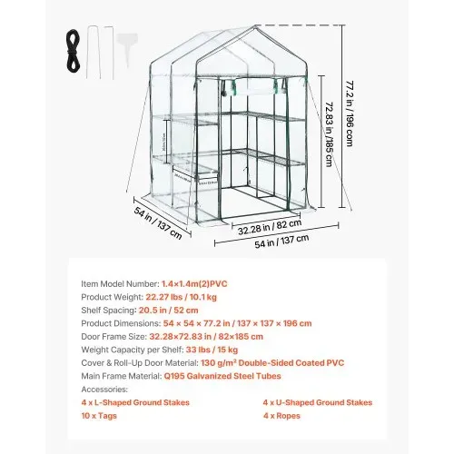 VEVOR Gewächshaus 137x137x196 cm, Foliengewächshaus, Tomatenhaus, Tomatengewächshaus mit PVC-Abdeckung, 2 Ebenen, 10 Regalböden, Aufrollbarer Reißverschlusstür, Treibhaus für Außenbereich – Bild 6