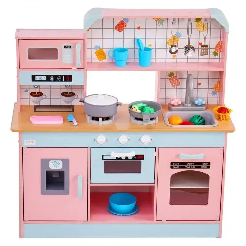 VEVOR Spielküche für Kinder, Holzspielzeug-Küchenset mit Lichtern und Geräuschen, Kleinkinderküche mit Eismaschine, Ofen, Spüle, Mikrowelle, Kühlschrank und Utensilien- und Obstzubehör für Kleinkinder im Alter von 3–8 Jahren, Rosa – Bild 8