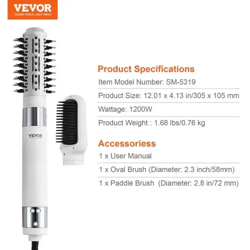 VEVOR Haartrockner, Ionen-Haartrocknerbürste, 110.000 U/min Airstyler mit Oval- & Paddelbürste, 4 Temperatur- & 3-Geschwindigkeits-Föhnbürsten-Styling-Tool für Trocknen, Volumengebendes Glätten – Bild 6