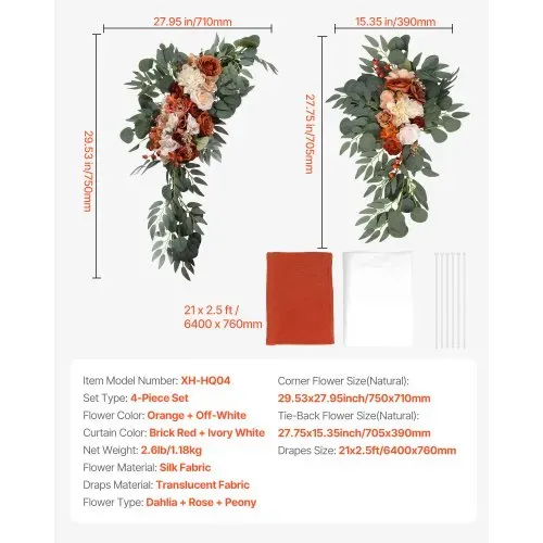 VEVOR Blumenset für Hochzeit Bogen, orangefarbene Blumen für Traubogen mit Vorhängen (4er-Set) – 2 Blumenarrangements, 2 transparente Vorhänge, für Zeremoniensträuße, Empfangshintergrunddekoration – Bild 6