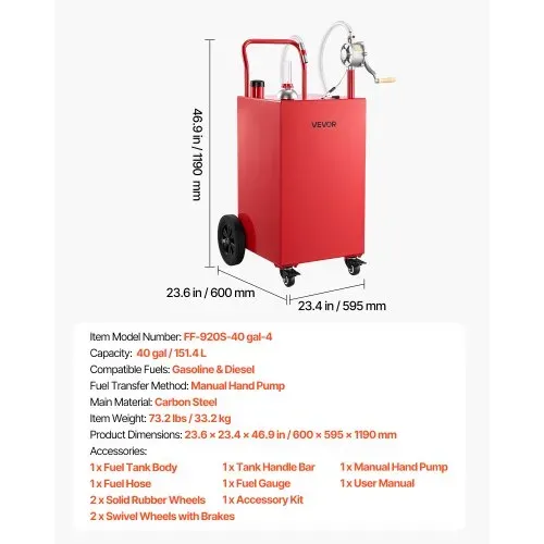 VEVOR 151,4L Kraftstofftrolley Mobile Tankanlage mit Manueller Pumpe Rot, Tragbarer Kraftstoffbehälter Auto Boot ATV Motorrad, Mit 4 Rollen & Ölstandsanzeige, Für Benzin & Diesel, Kohlenstoffstahl – Bild 6
