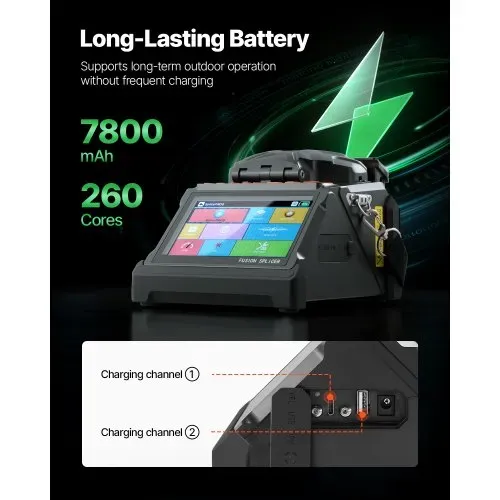 VEVOR Glasfaser Spleißgerät, 6 Motoren, Kern- & Mantelausrichtung, mit 6 s schnellem Spleißen & 13 s Aufheizzeit, 5-Zoll-LCD-Bildschirm, 3-in-1-Faserhalter, 7800 mAh Akku für SM MM DS NZDS-Fasern – Bild 3