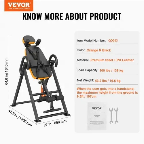 VEVOR Inversionstisch Inversionsbank, 136 kg belastbar, Multifunktionsgerät Rückentrainer, klappbares Krafttrainingsgerät mit Kopfstütze, Knöchelverriegelung, verstellbarem Schutzgurt, Orange/Schwar – Bild 6