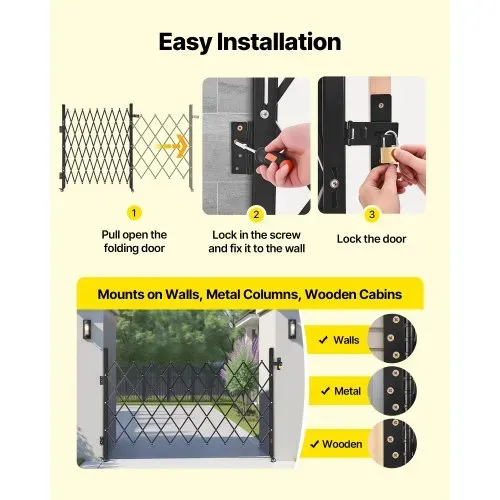 VEVOR Sicherheitstor (Einzel) abschließbares klappbares Scherentor mit 360°-Lenkrollen, einziehbare Stahltore Outdoor, für Eingangssicherheit Garage Lager, Falttor 190 x 131 cm (B x H) Schwarz – Bild 4